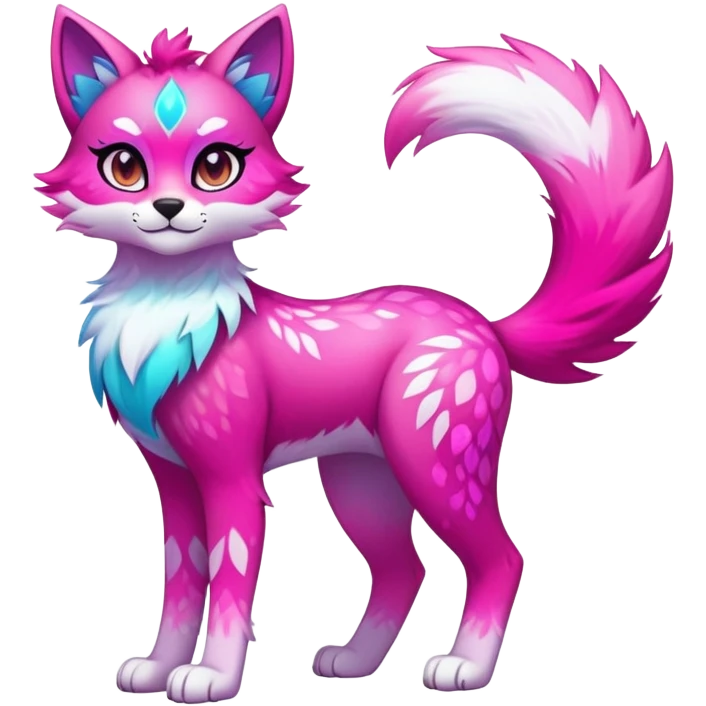 Vibrant multicolored neon-colored Falvie-Fionbri-creature-sparkle-feline-canine-hybrid-fursona, full body, fur pattern-markings emoji