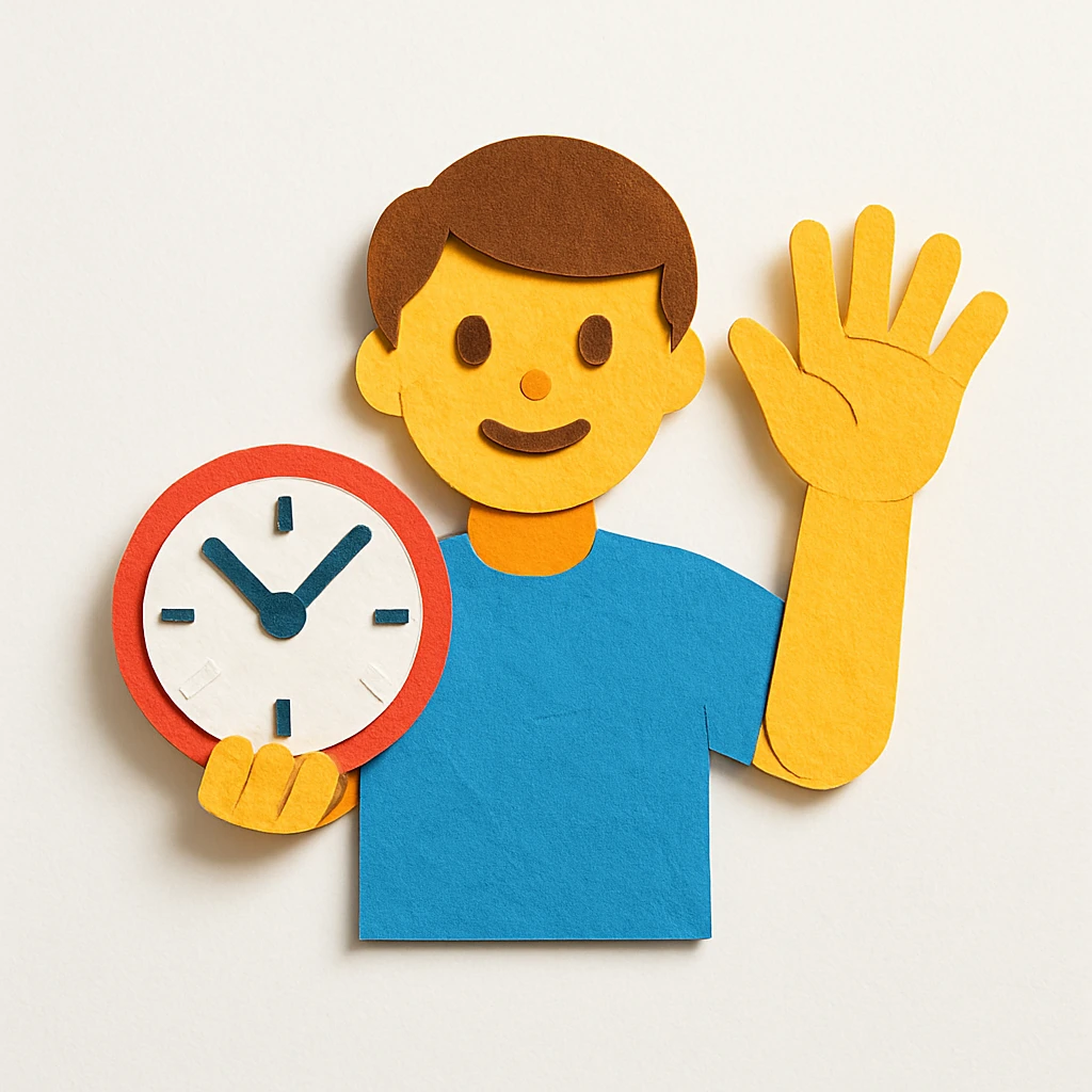 person holding a clock in one hand, counting to five with the other hand, clear and bold emoji