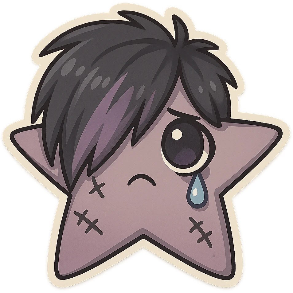 emo star, chibi style, black and purple, stitched, teardrop, dramatic shadows, big eyes, pastel palette emoji