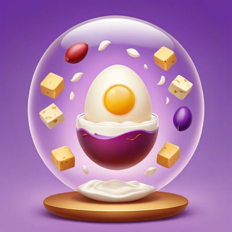 Floating orb of warm light containing mini bright icons: red meat, golden egg, purple beans, translucent tofu block and yogurt glass, slowly rotating around a radiant body figure that radiates strength and balance emoji