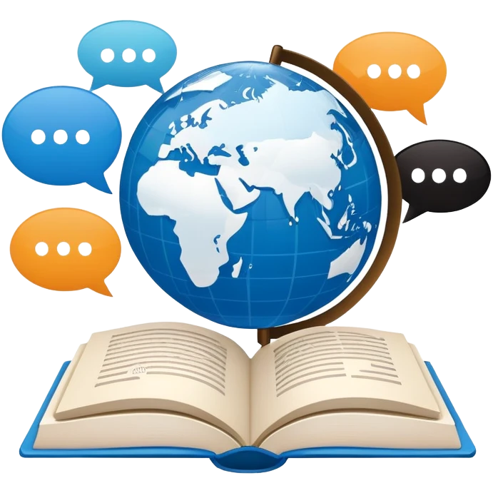 An icon showing a globe surrounded by speech bubbles with greetings in different languages, like 'Hello,' 'Hola,' and 'Bonjour.' The design includes an open book and a quill, symbolizing learning and communication. Transparent background emphasizes global connection through language. emoji