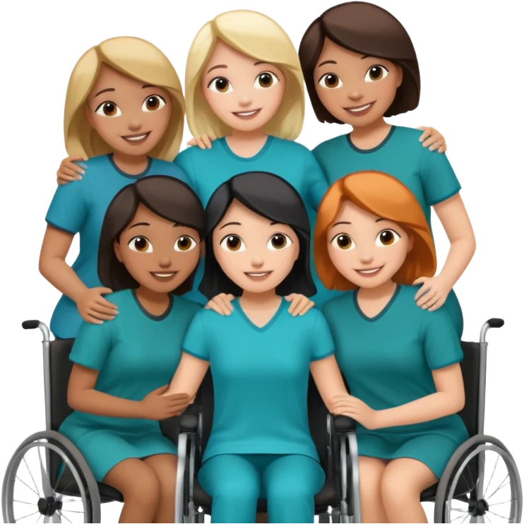 Teal group hug of 8 women with one in wheelchair emoji