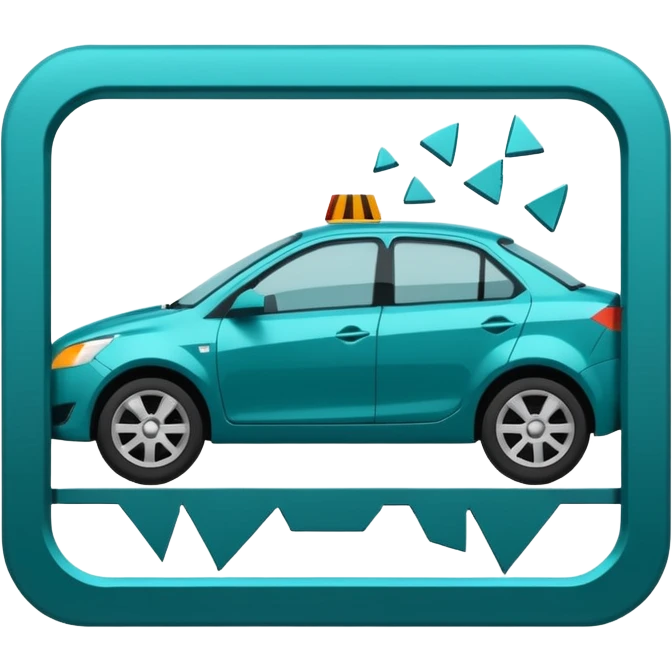 Minimalist pictogram of a car crash test, 2D icon, impact symbol, safety verification, simple vector art, [teal] on [black] background emoji