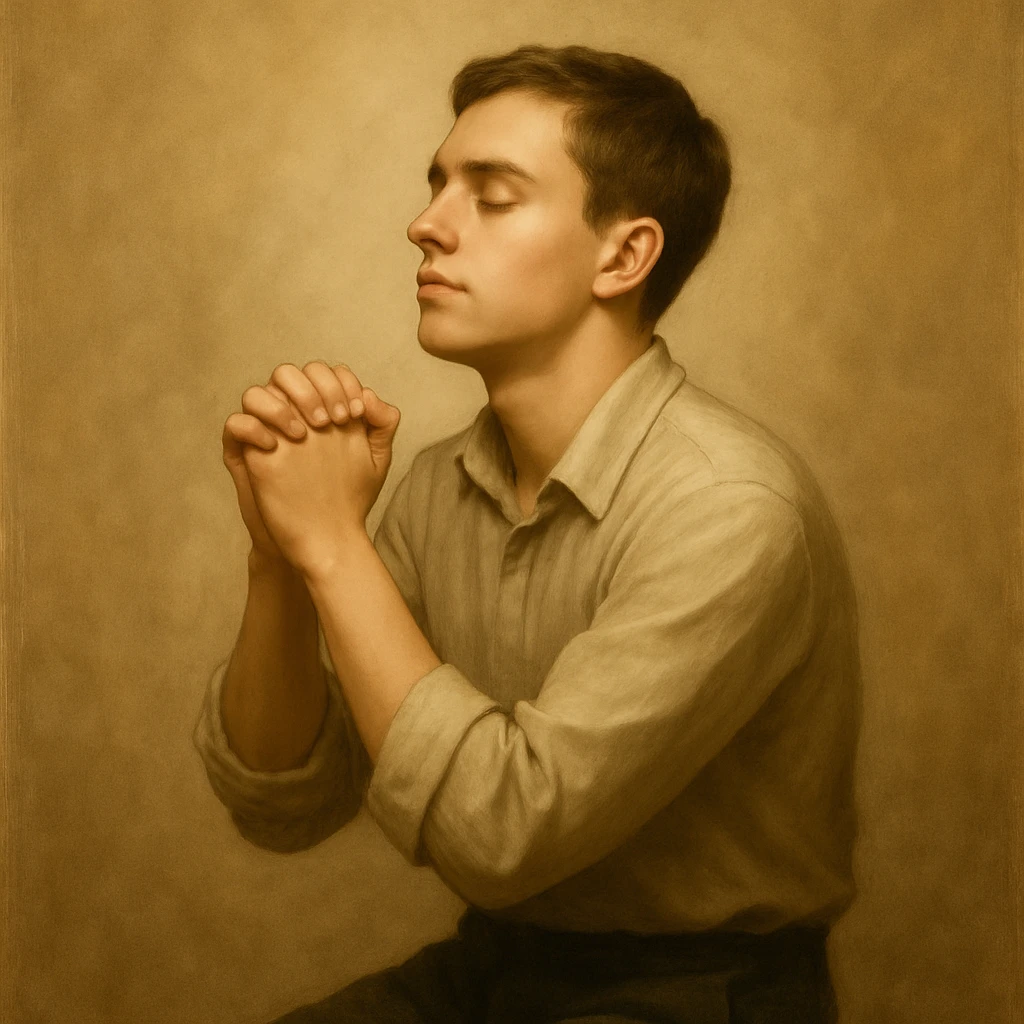 Remove the beard and make the man look 20 years old, keep the praying pose and peaceful expression, maintain the original style and appearance. emoji