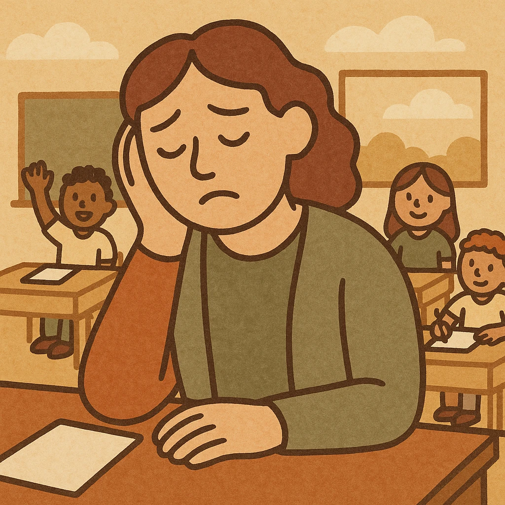 exhausted teacher in a bustling classroom emoji