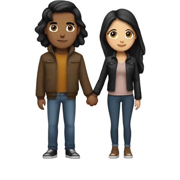 a couple holding hands. the guy has black middle part hair and is Persian and Filipino mix. the girl has brown medium length hair white and asian mix. the girl is where a crop top and the guy is wearing a jacket. emoji