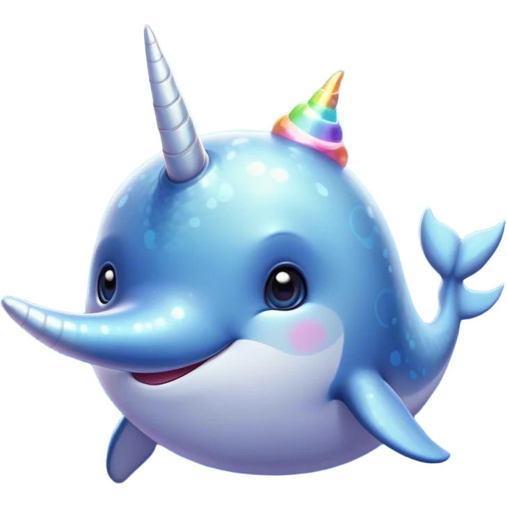 Cinematic Cute Cute Narwhal Portrait Emoji, Head tilted playfully and inquisitively, featuring a charming, sleek body with softly iridescent skin, a prominently spiraled tusk and large, twinkling eyes full of gentle wonder, Simplified yet irresistibly adorable features, highly detailed, glowing with a warm, inviting ocean glow, high shine, affectionate and lively, stylized with a touch of magical sea whimsy, soft glowing outline, capturing the essence of a mischievous yet endearing cute narwhal that seems as if it could frolic out of the screen into your heart! emoji