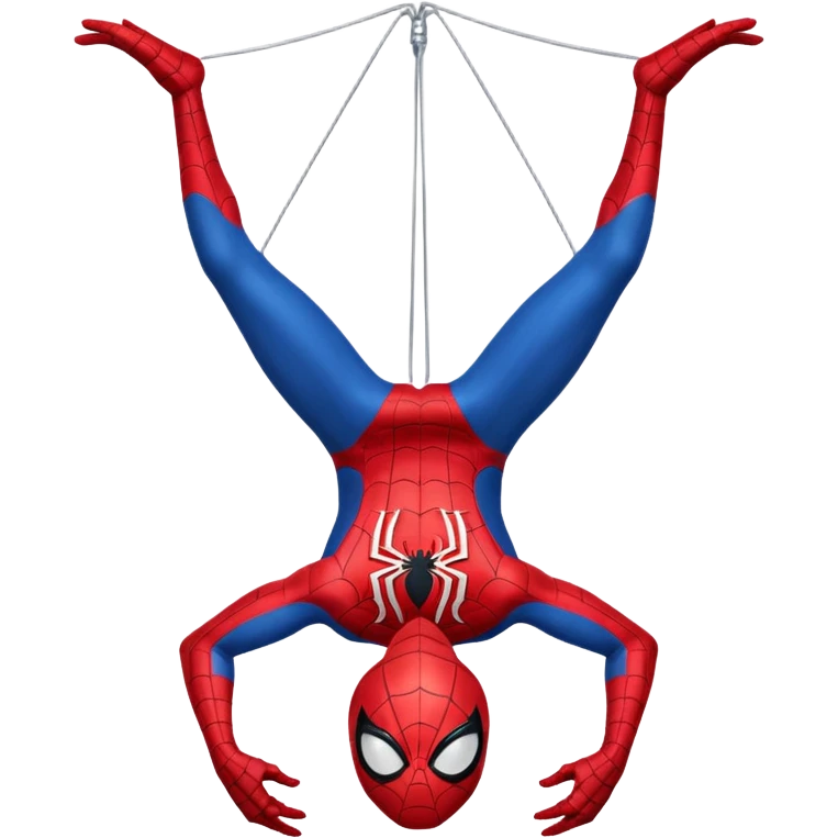 Un piccolo Spider-Man stilizzato in versione “chibi” o cartoonesca, appeso a testa in giù da un filo di ragnatela sottile. Il costume è classico,  La posa è compatta, con le braccia e le gambe piegate verso il corpo, dando un senso di leggerezza e simpatia.  emoji