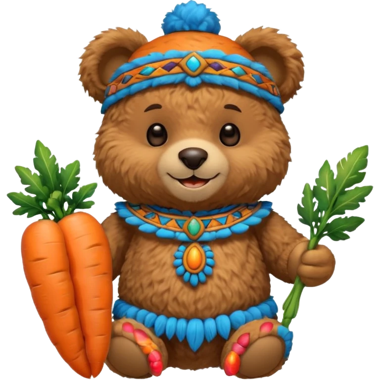 teddy bear half body, wearing blue mayan ancient custome, with carrot half body emoji