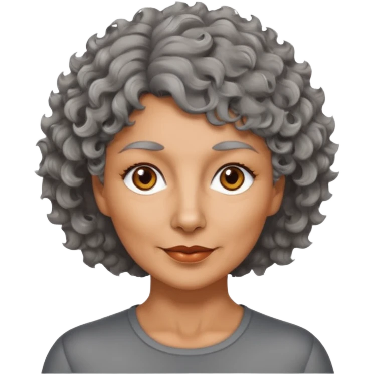 woman 50 years old, tanned skin, short grey curly-wavy wolf cut hair, brown eyes emoji