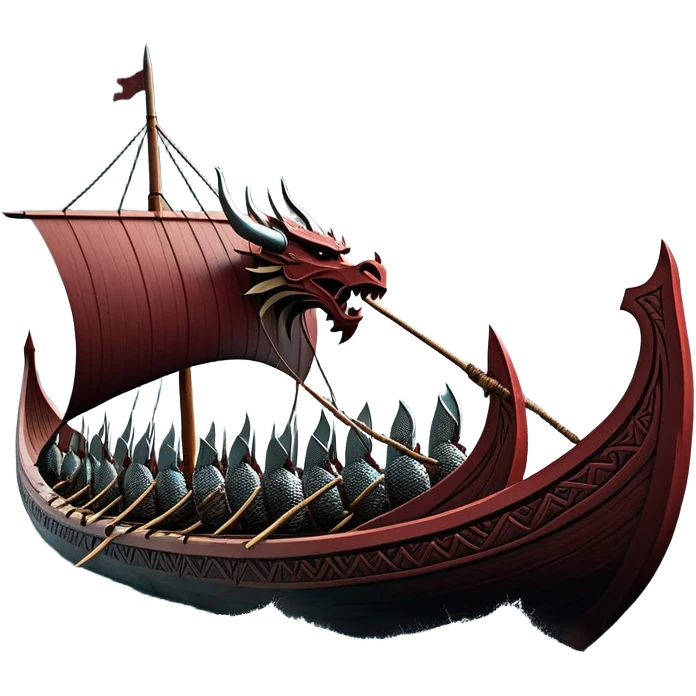 detailed-cinematic-viking-longboat, rendered in a flat, bold vector style with minimal shading, featuring a striking dragon-headed prow slicing through waters. shields on the side and vikings rowing The longboat’s, the boat has carved motifs evoke a sense of epic adventure and Nordic might, with billowing sails catching a dramatic, stormy sky backdrop. emoji