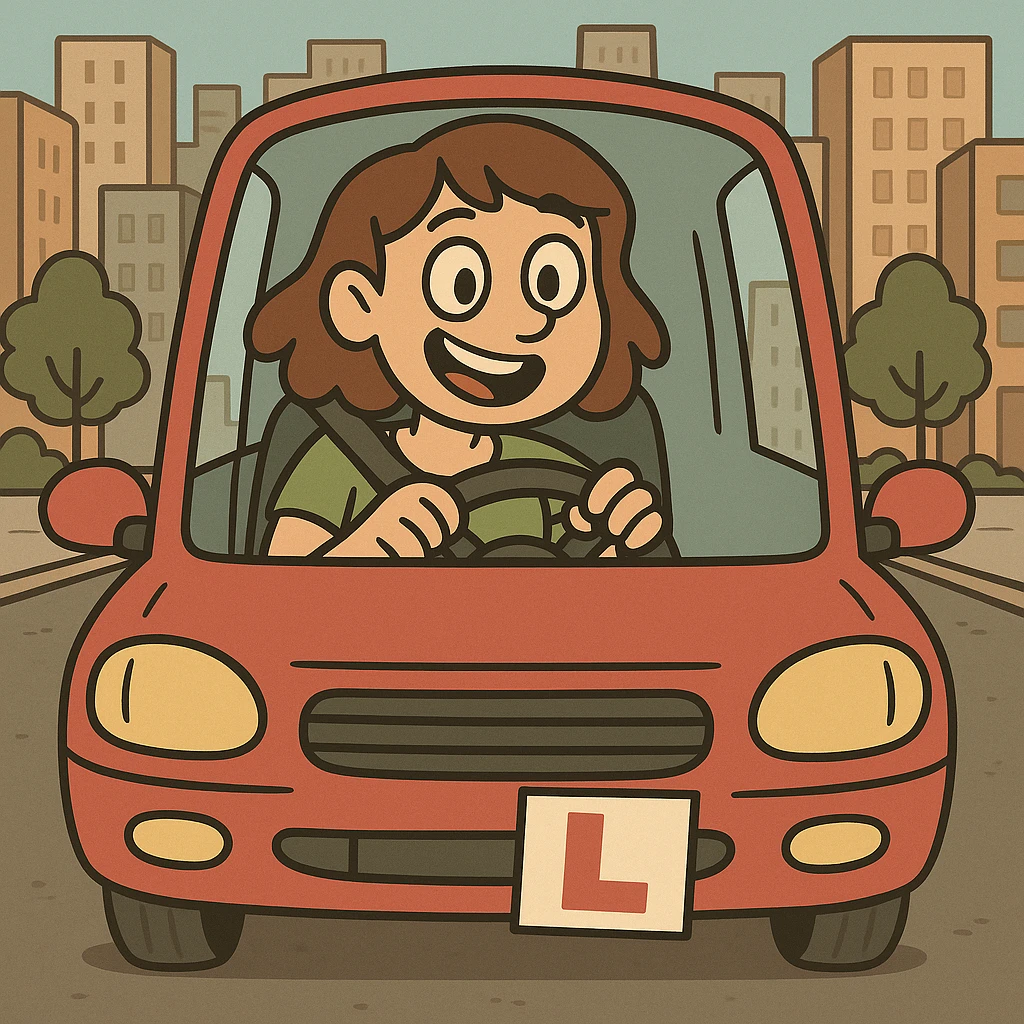 Add a simple city background, keep the cheerful learner driver behind the wheel with L-plate, cartoon style flat toon illustration. emoji