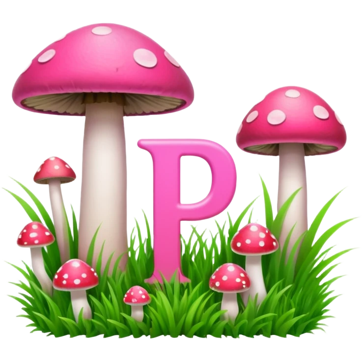 P and P letter, pink and green, with grass growing, mushrooms around emoji