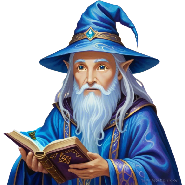 A luminescent enchanting Wizard stands beside a mystical spell book, his ethereal presence shimmering with otherworldly energy, each detail radiating with mystical power and ancient wisdom. The painting, a masterpiece of acrylic art, captures the Wizards hauntingly beautiful visage in exquisite detail. Swirls of cosmic colors dance around him, evoking a sense of celestial wonder, while intricate patterns of glowing runes adorn his intricate robe. The image is vivid and captivating, drawing viewers into a mesmerizing realm of fantasy and magic. emoji