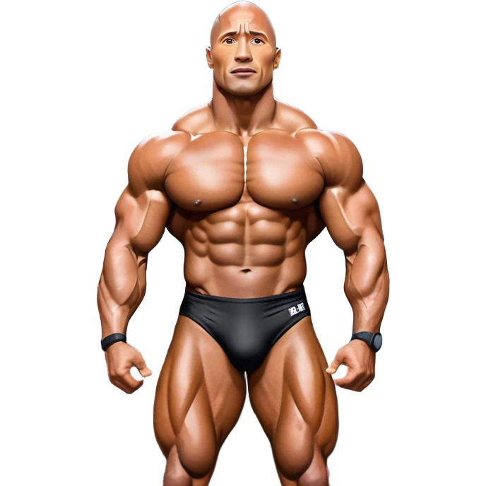 Dwayne Johnson, oiled and posing at the Mr. Universe bodybuilding championship, showcasing his muscular physique in an iconic display of strength. The background features the stage with judges and audience, capturing the intensity and prestige of the competition. Transparent background. emoji