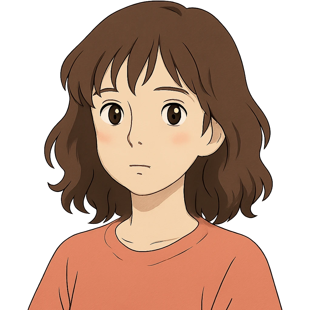 portrait of an Asian girl with medium brown wavy hair and brown eyes, paler skin tone, ghibli style emoji