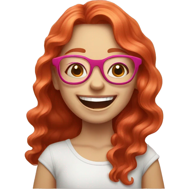 Pale, Long Wavy haired red head, girl with pink circular glasses glasses laughing emoji