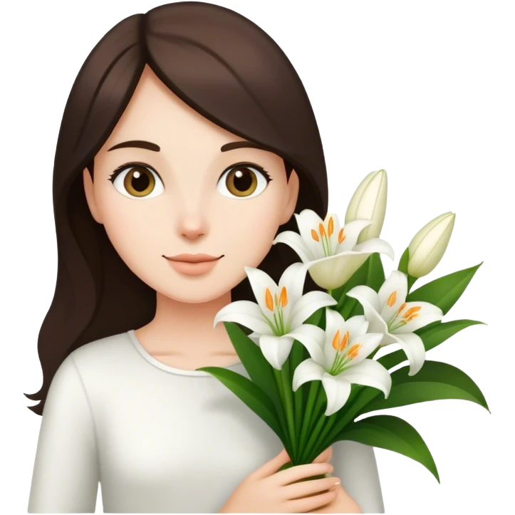 Brunette girl holding a bouquet of white lilys emoji