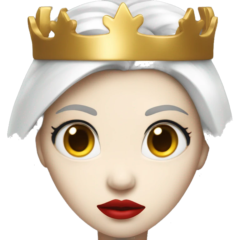 Queen with pale skin, long black hair, bright red lips, skinny gold crown, white dress, and evil stare.  emoji
