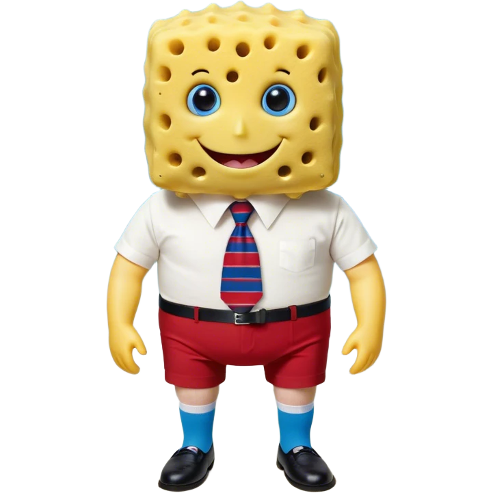 A yellow, rectangular sea sponge with large blue eyes, long eyelashes, prominent dimples, and a wide, cheerful toothy grin. He wears a white shirt, a red tie, and brown square pants with a black belt. His arms and legs are thin, with black shoes and white knee-high socks featuring blue and red stripes. His body has irregular pores and a slightly wavy texture. emoji