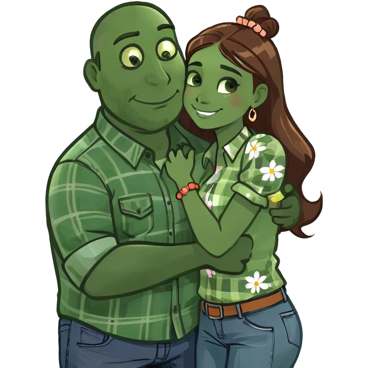 Big tall Man with brown mullet and tanned girl with short dark hair hugging emoji