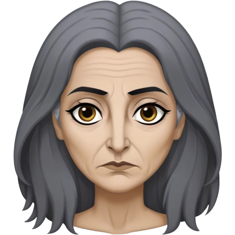 Mirri Maz Duur is a weathered, age 45 Lhazareen woman with deep-set dark eyes, high cheekbones, and a sharp nose, giving her a stern, knowing expression. Her long, unkempt dark hair streaked with gray falls loosely over her shoulders emoji