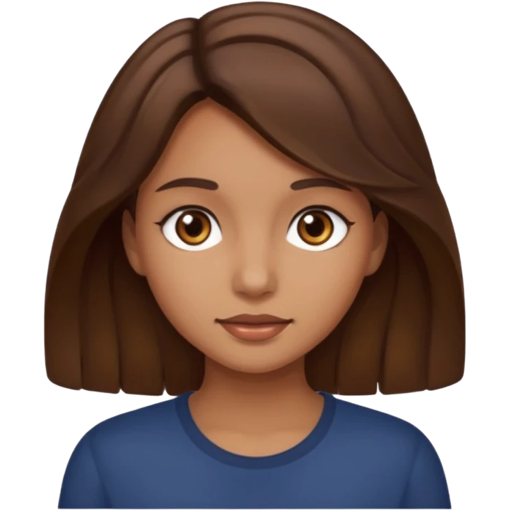 Girl with slightly wavy brown hair, dark brown eyes and tan emoji