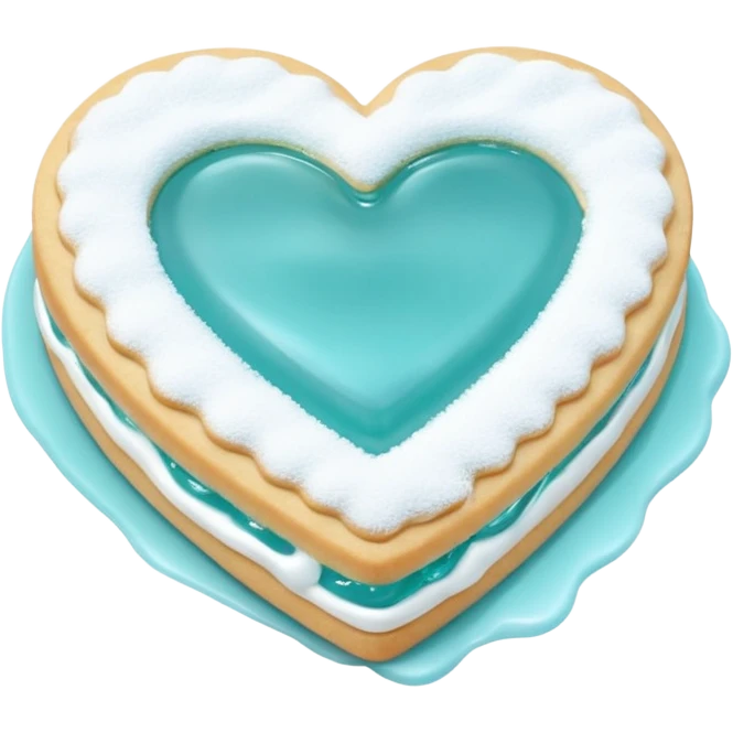 Realistic shortbread cookie in the shape of a heart with Tiffany blue color jelly middle filling and sprinkled powder sugar on top. emoji