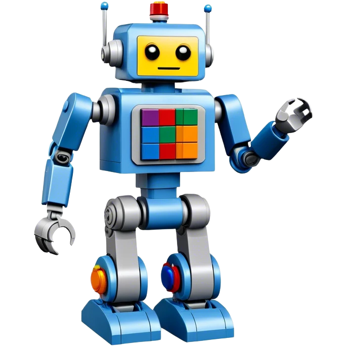 A big photorealistic icon featuring a detailed robot figure built from LEGO bricks, with intricate parts and colorful pieces. The design includes the LEGO logo subtly visible, with a focus on the craftsmanship and creativity of the build. Transparent background. emoji
