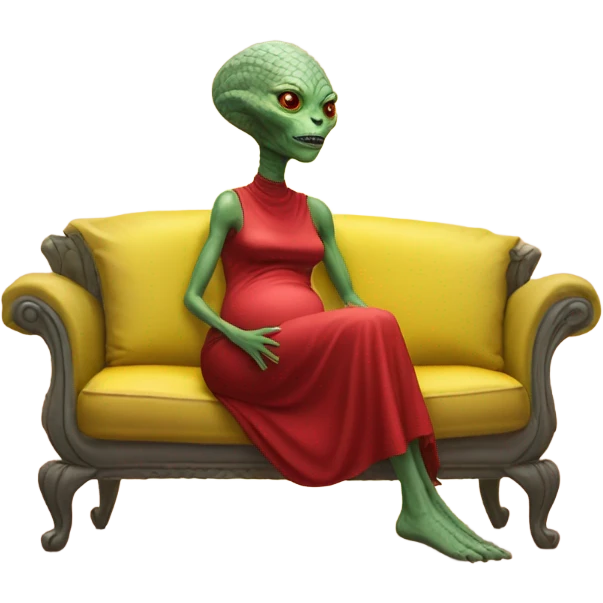reptilian alien woman in red dress,pregnant, sitting on a jellow couch  emoji