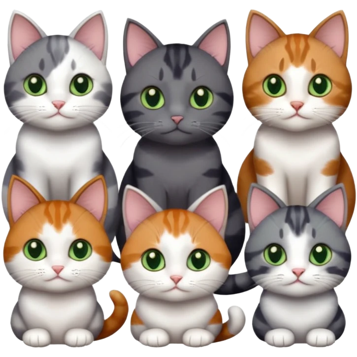6 different coloured small cats including a dark grey and white, and a patchy calico, and a brown tabby and white,  and a completely solid dark grey with green eyes and only white paws emoji