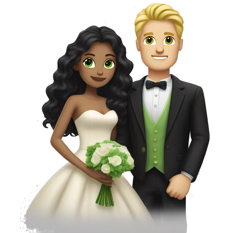 Couple married, he has black hair like Johnny Bravo and she has blonde long hair and green eyes emoji