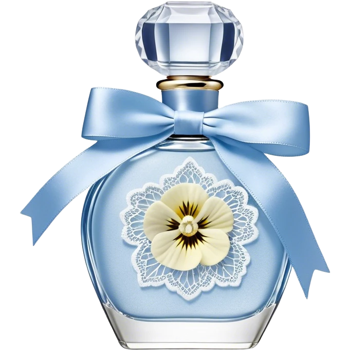 On a background of textured ivory lace, a delicate frosted glass perfume bottle sits at the center, adorned with a pale blue satin ribbon, tied into an elegant bow. The soft translucency of the bottle hints at the floral notes hidden within, while a cluster of white and sky-blue pansies rests beside it, their velvety petals curling slightly at the edges. The light reflects gently off the intricate patterns in the lace, creating an ethereal interplay of textures and shadows, enhancing the dreamy, vintage aesthetic. emoji