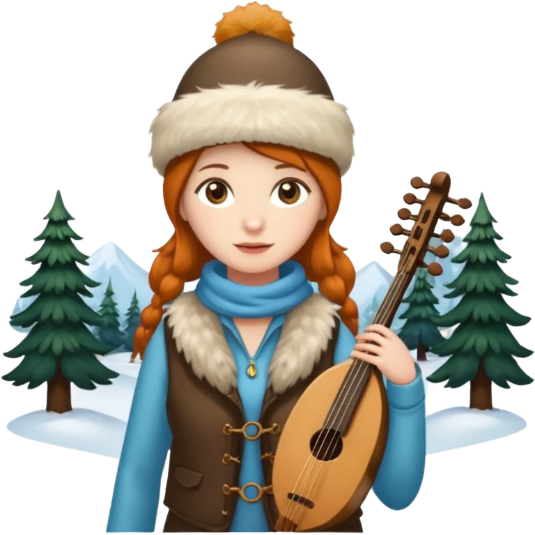 "Girl 👩🏻‍🦱 in fur hat 👒🦊 and vest 🧥, standing in snow ❄️🌲, holding a Bashkir dombyra 🎶 (long-necked two-string folk instrument). Emoji style." emoji
