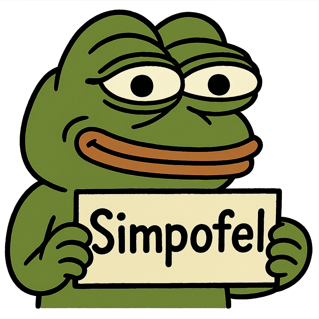 Pepe the Frog holding a sign with the word 'Simpofel' written on it, clear and expressive, suitable as a Discord emoji emoji
