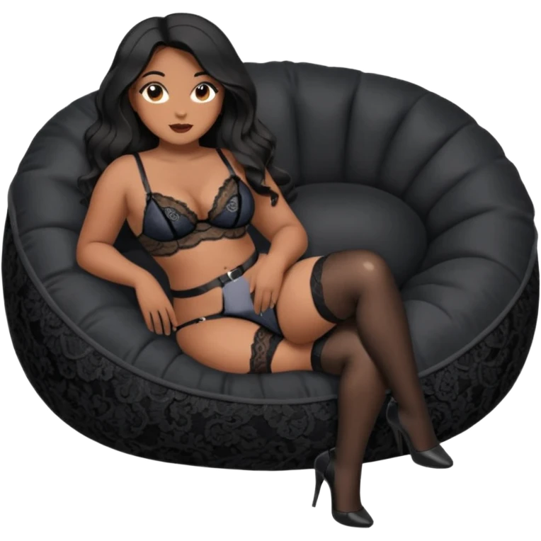 Curvy woman with brown skin with long wavy black hair, dark brown eyes. She's wearing a black lace lingerie, black lace thong, black stockings and suspender belt, she's sat on a big dark grey bean bag chair with her legs open emoji