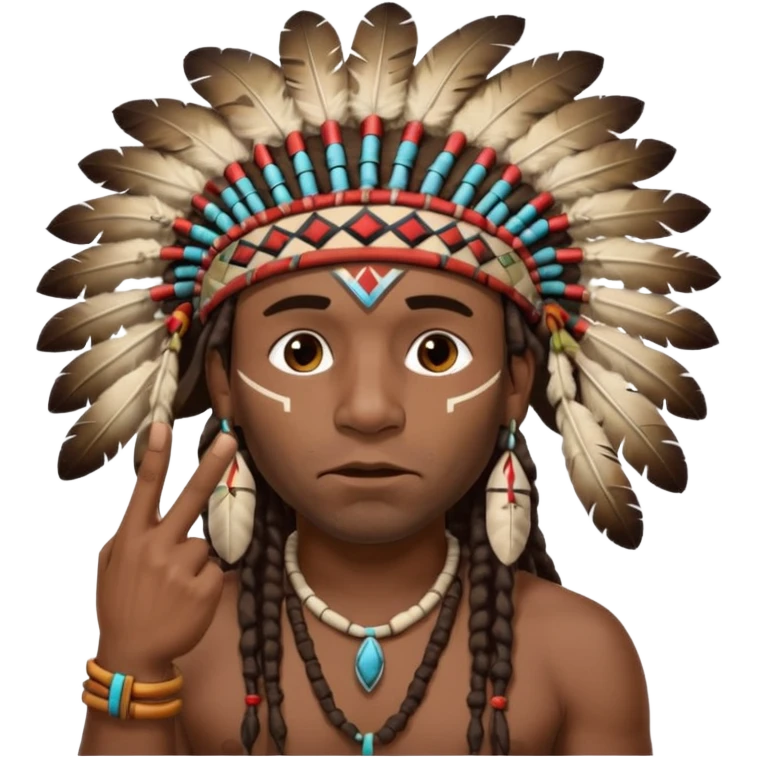 Black American man dark brown with dreads with a American Indian headdress with one finger pointing at his mouth with a yea he lying face emoji