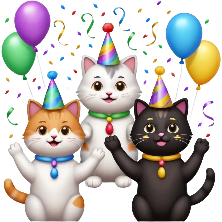 five cats cheering and clapping for one cat, birthday party scene, emoji style emoji