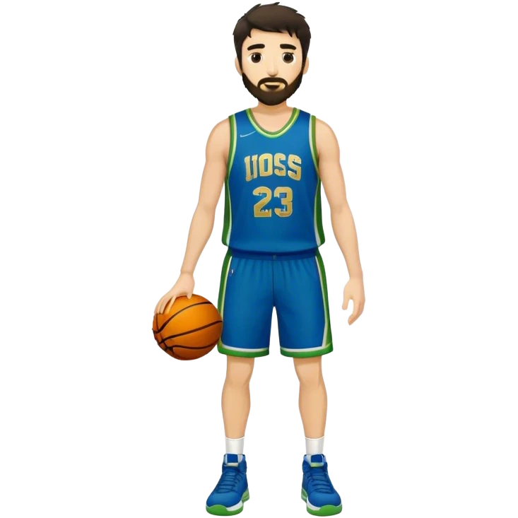 Full Body  white male basketball player with short shaggy dark hair and gold tee beard wearing blue and green uniform emoji