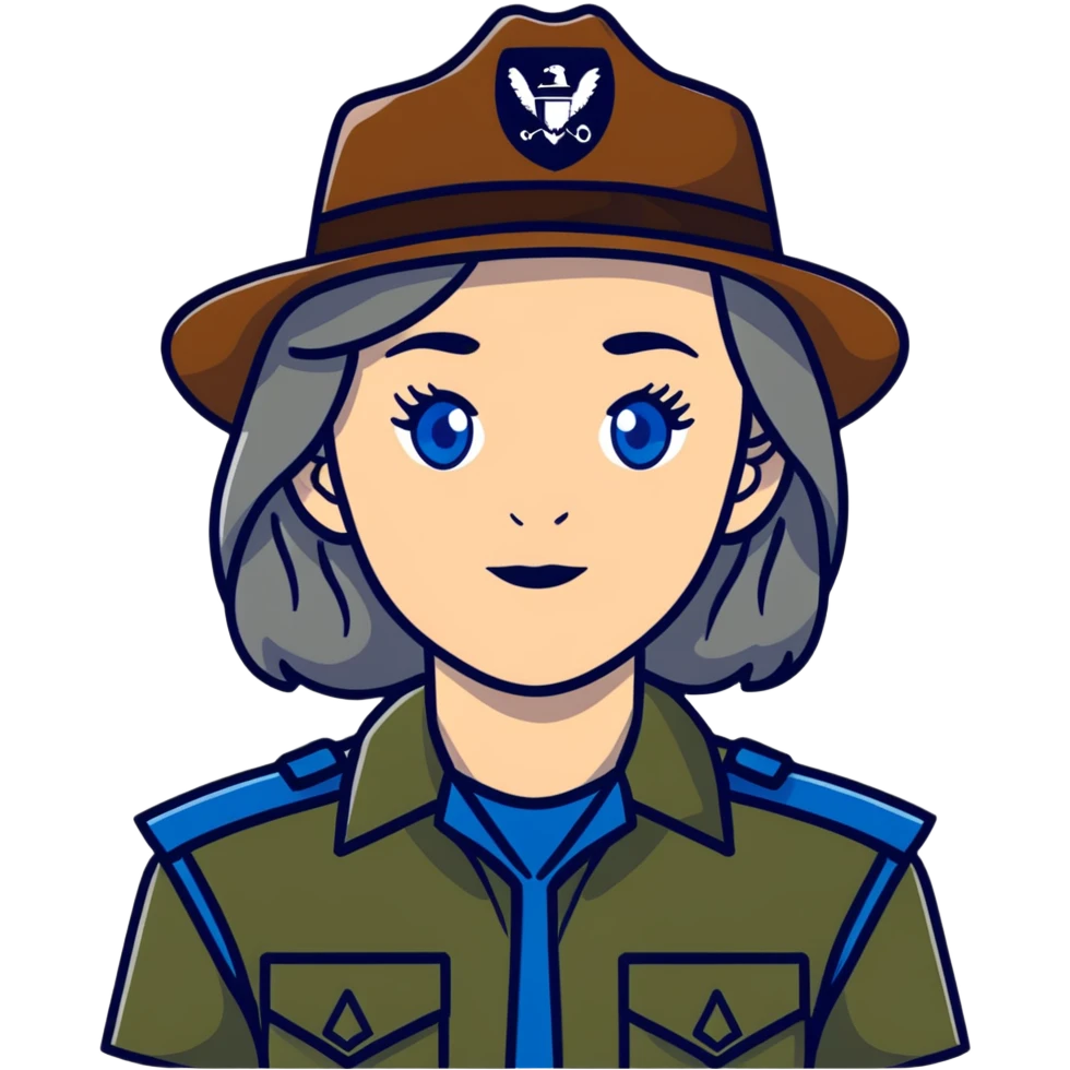 white woman park ranger with brown and gray hair and blue eyes emoji