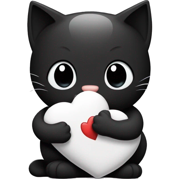 the black cat smiles sweetly and holds a white heart near its belly and hugs it emoji