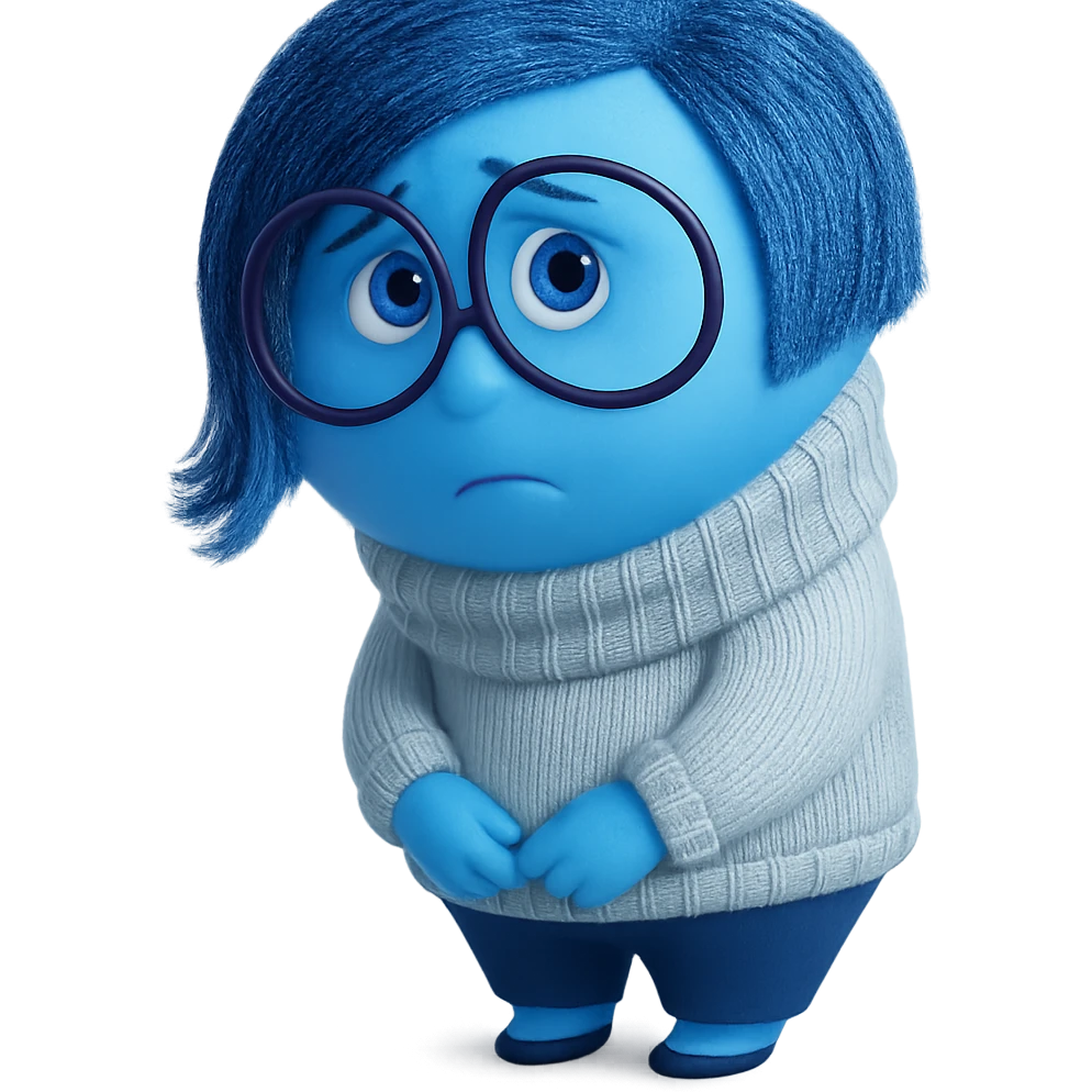 Sadness from Inside Out character, standing with a sad expression, blue skin, short blue hair, glasses, Pixar style emoji