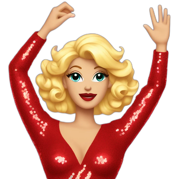 drag race, drag queen, red sequin dress, holding right arm in the air emoji