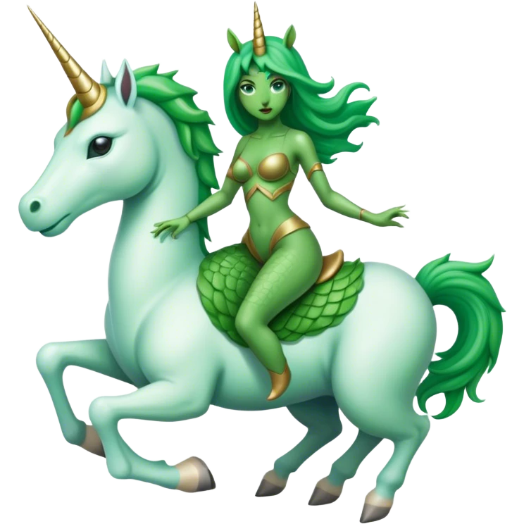 alien reptilian green woman, rides white unicorn
 emoji