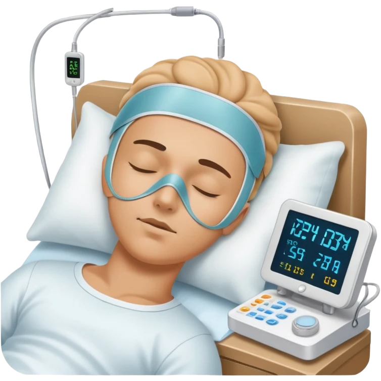 Sleep laboratory with sleep monitoring equipment, bed with person sleeping, brain wave monitors emoji