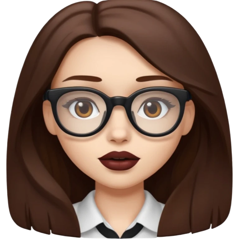 white-skinned girl with long brown hair with darker brown underlayer, brown glasses, brown lipstick, half-body emoji