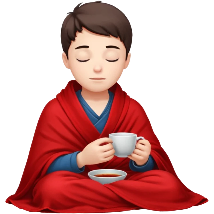 A European boy is sitting comfortably under a blanket, wrapped in a red blanket, drinking tea with his eyes closed. emoji