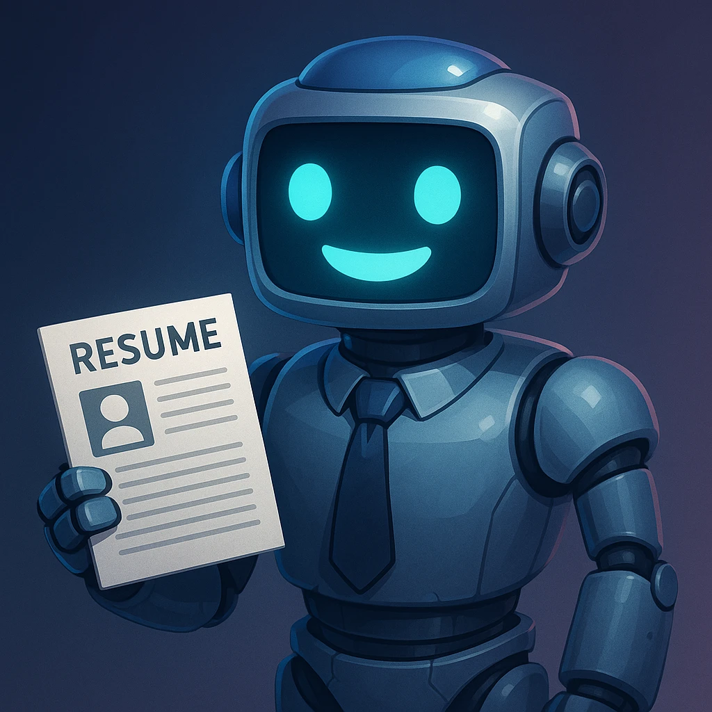 a recruiter robot with a tie, smiling, holding a resume, futuristic style emoji