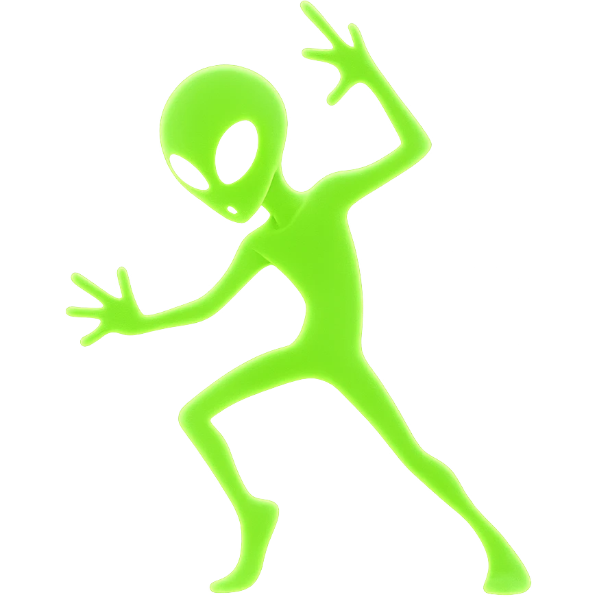 Edit the image of a dancing alien in neon green with an energetic pose and glowing effect in a modern style. Create a new pose. The image should be PNG with a transparent background, emphasizing the energy and neon green glow in a contemporary look. emoji