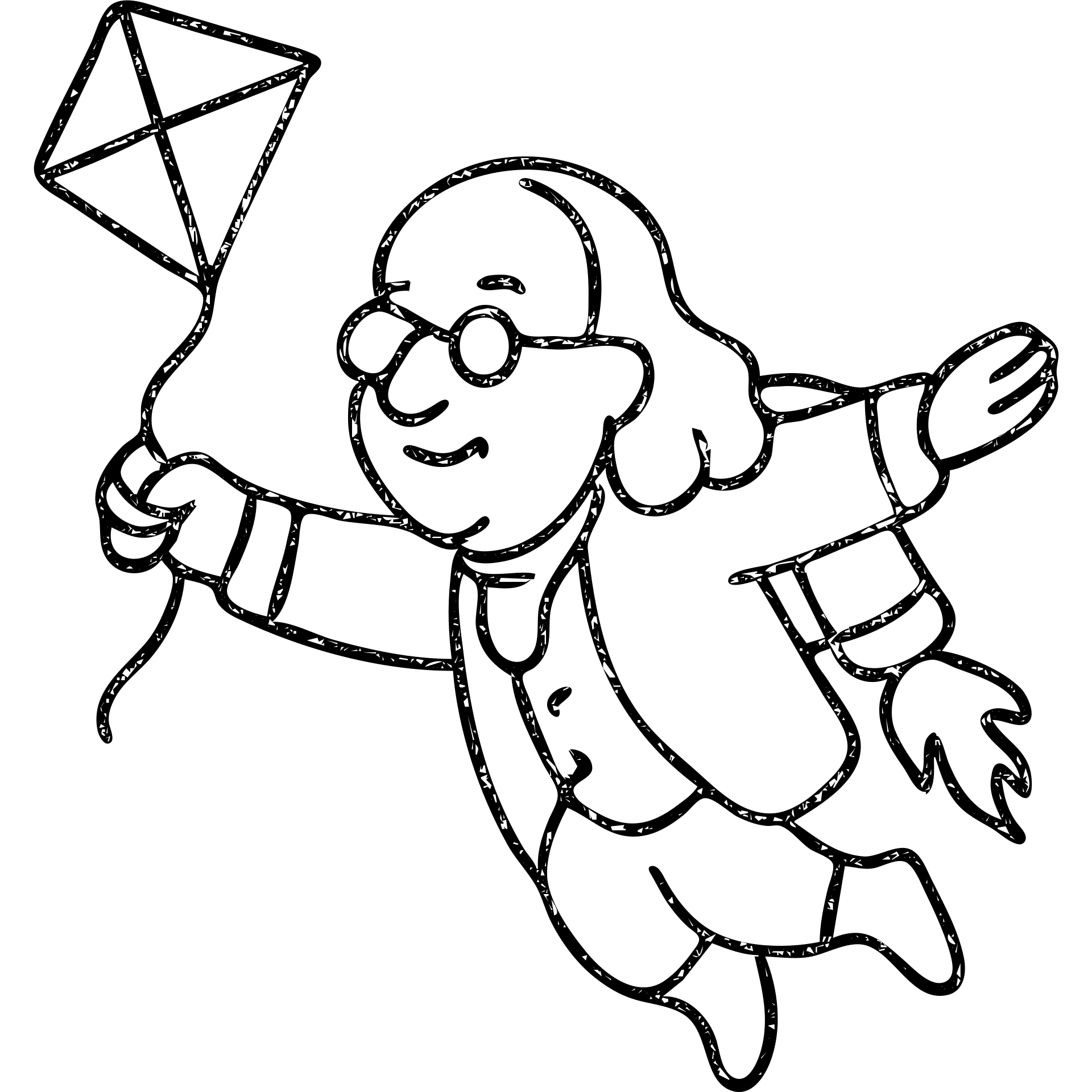 hand-drawn black outline icon of Ben Franklin with jetpack, left hand holding diamond kite, right arm outstretched in flight, minimalist startup logo emoji